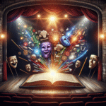 En inspirerende og kreativ illustrasjon som representerer drama og utdanning, med elementer av teatermasker, bøker og scenelys.