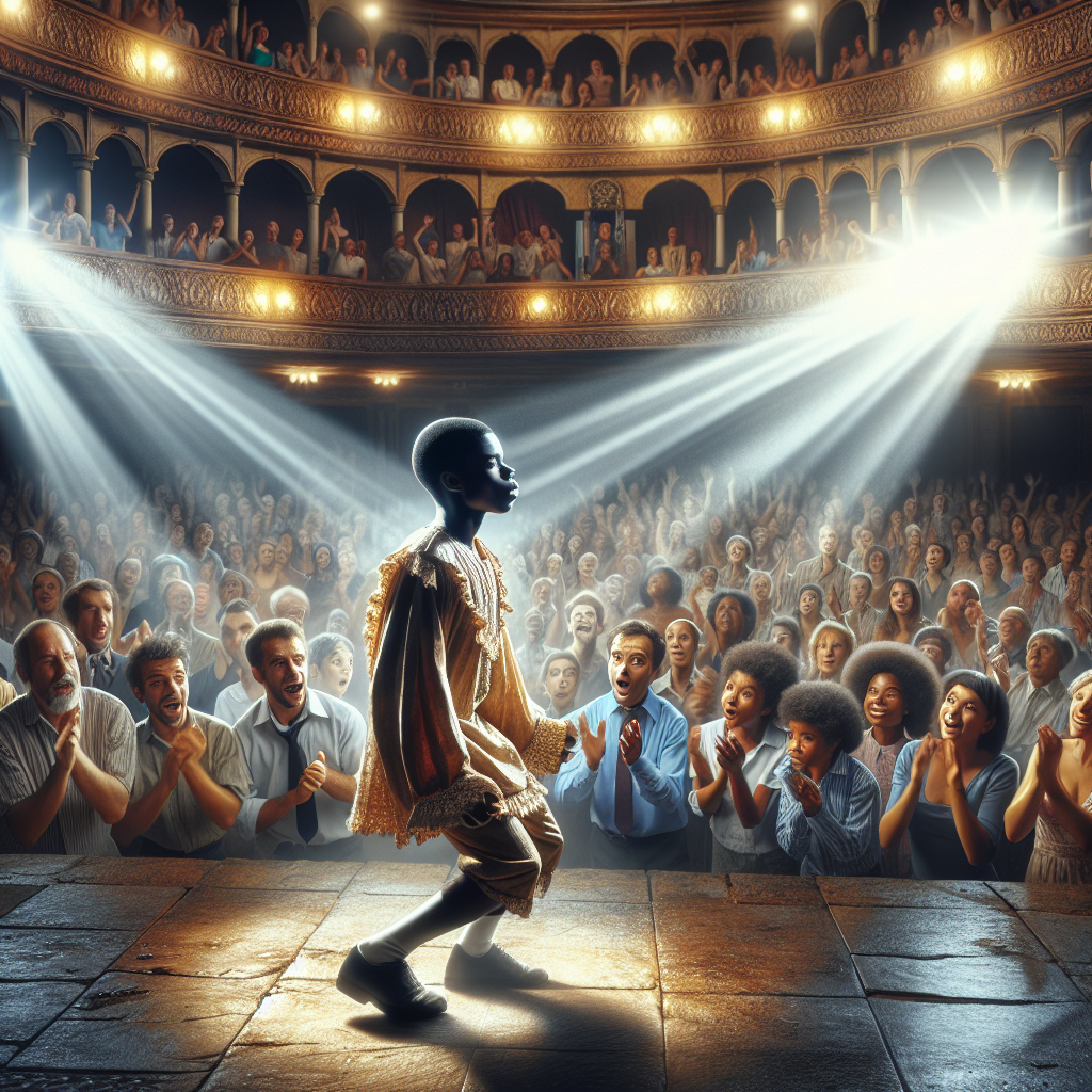 En inspirerende scene med en ung skuespiller som oppdager sitt talent på scenen, omgitt av lys og med et engasjert publikum.