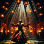 A passionate theatrical actor performing on stage, surrounded by dramatic, warm lighting.